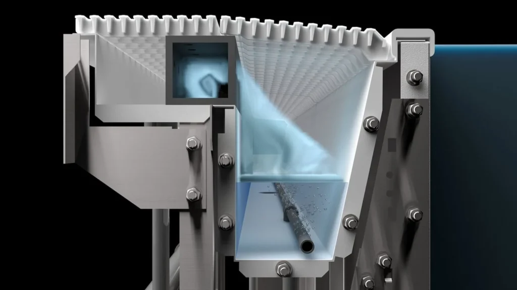 Technical close-up of the Myrtha Breathe system in the overflow channel